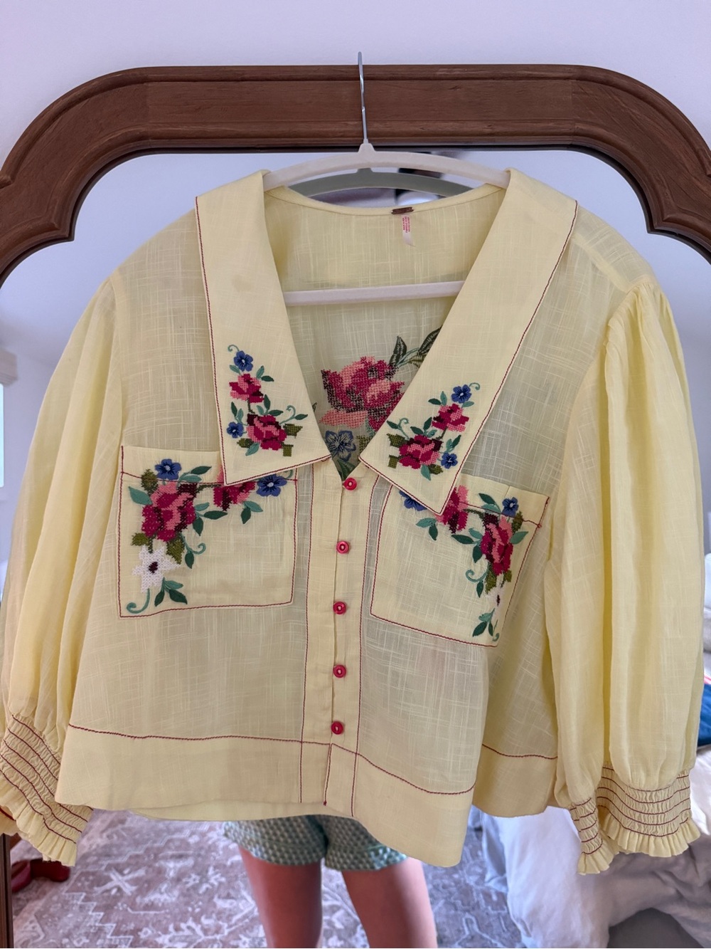 Free People Pale Yellow Embroidered Floral Peasant Blouse - Picture 3 of 4